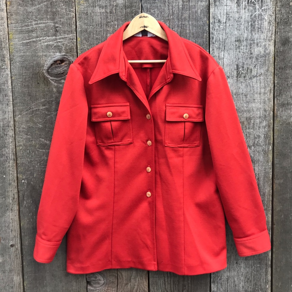 Vintage 70s Sears Perma-Prest Shirt Jacket Burnt Orange Wide Collar Large